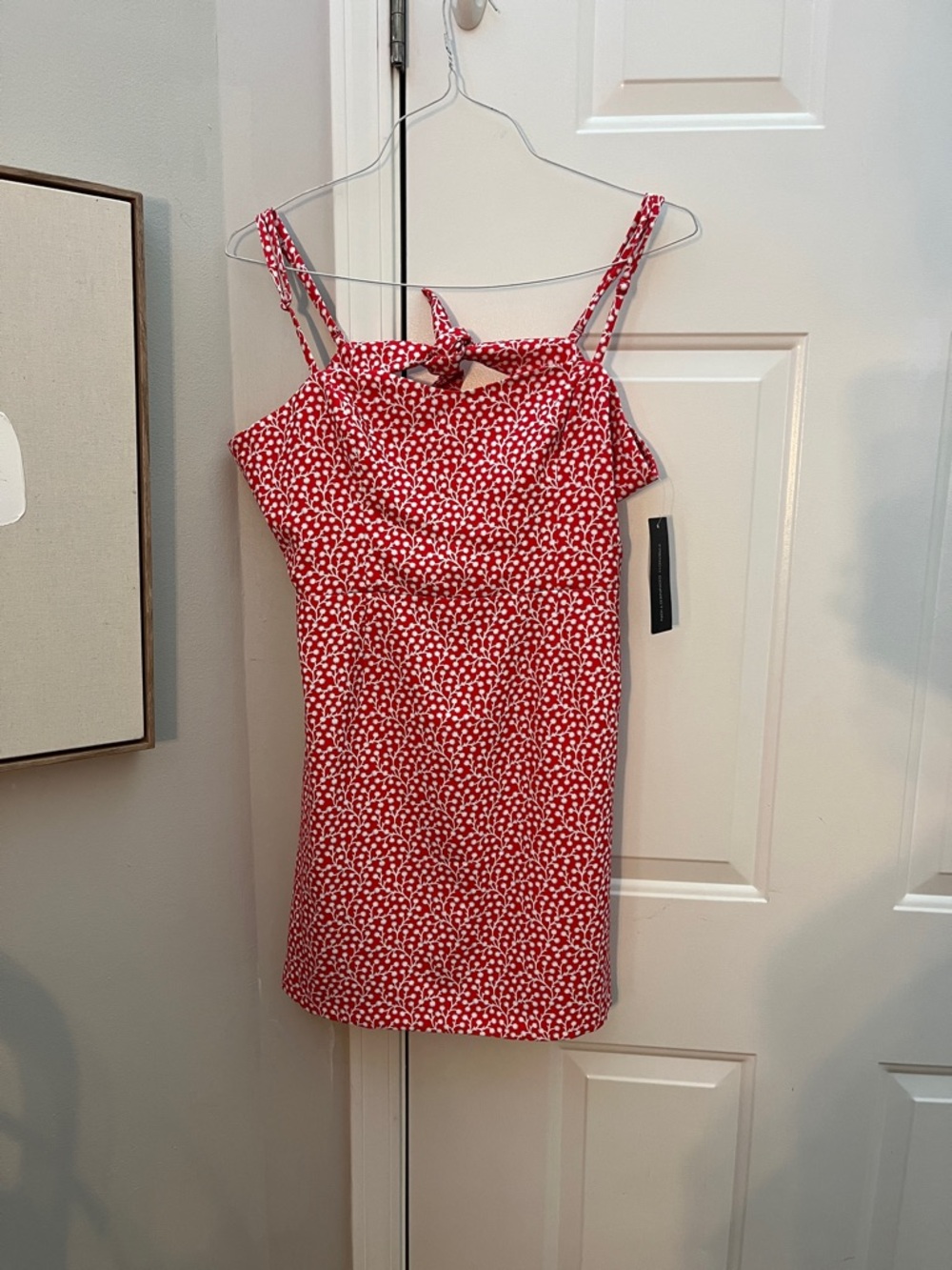 French Connection Red Hibiscus Multi Strap with Knot Back Mini Dress